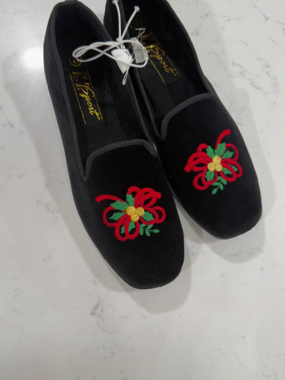 Women's Black Velvet Slip-On Loafers with Red Floral Embroidery